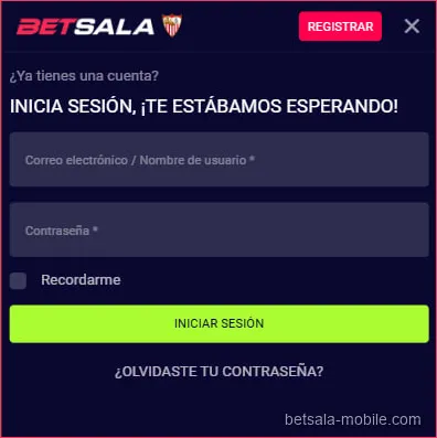 Acceso a la cuenta desde la aplicación Betsala